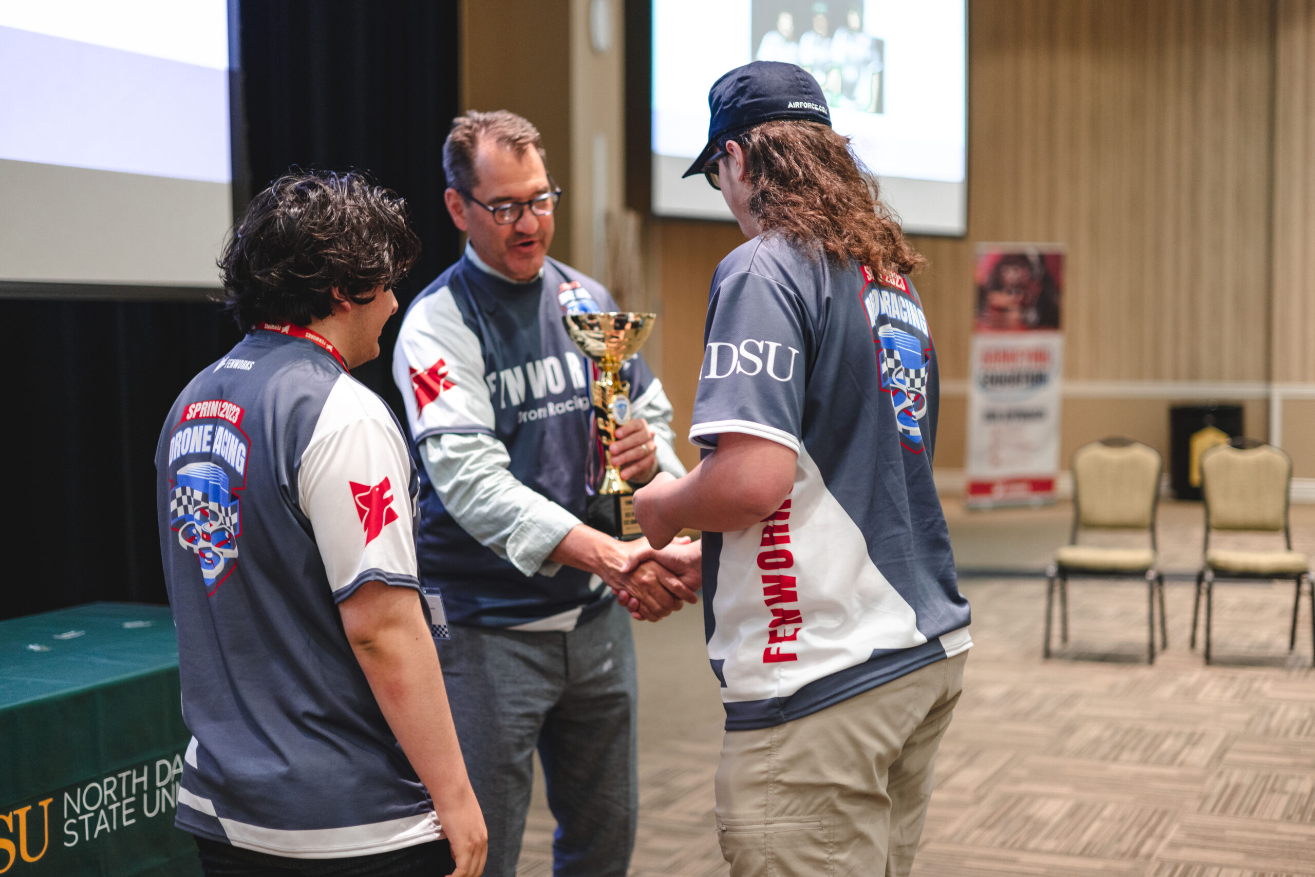 Racing drone and controller at a Fenworks drone racing tournament